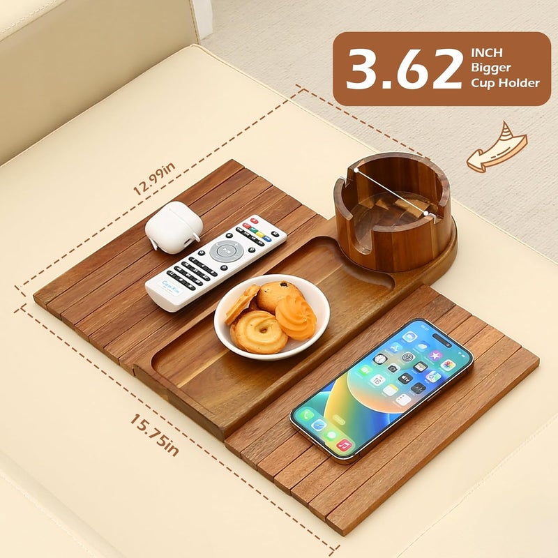 BAMTRAY Couch Cup Holder Tray, 15.75" Acacia Wood Couch Armrest Table, 3 in 1 Foldable Sofa Clip on Side Table with 360° Phone Stand, Armrest Tray for Coffee Snacks - Image 5